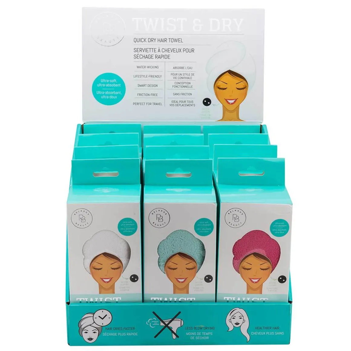 Twist & Dry Hair Towel Wrap Displayer of 12